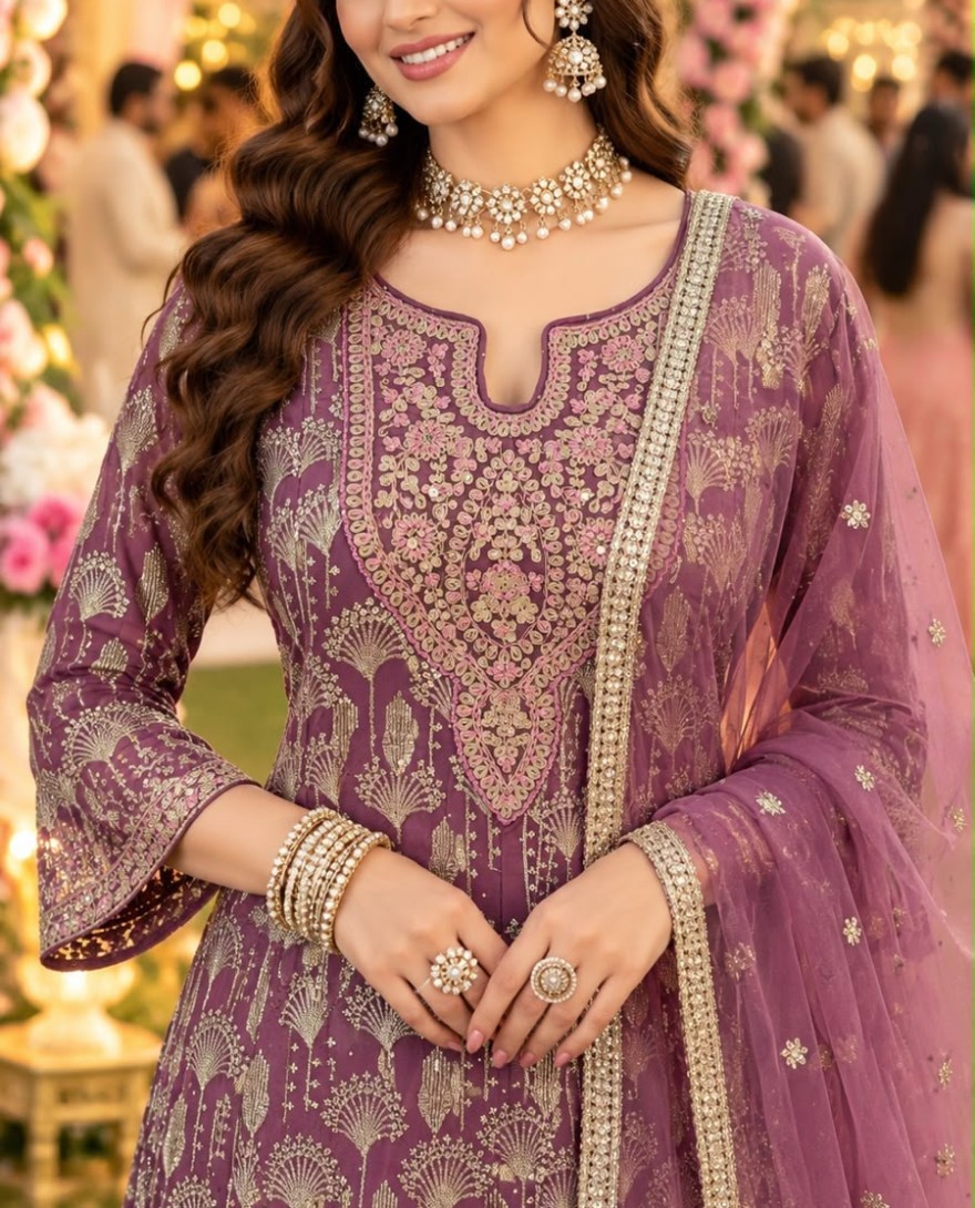 LILAC - Georgette Lilac Wedding Wear Embroidery Work Readymade Anarkali Suit